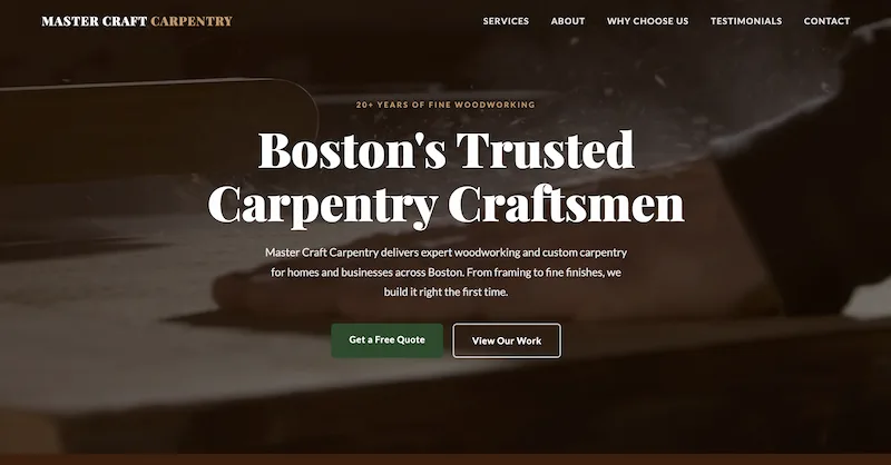 carpentry business website design – Master Craft Carpentry Boston homepage